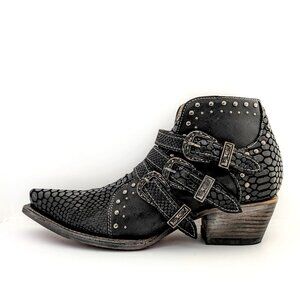 Freebird Wilhelmina Edgy Embossed Black Snake Studded Ankle Boots, Size 10